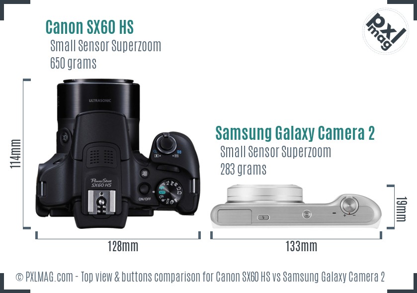 Canon SX60 HS vs Samsung Galaxy Camera 2 top view buttons comparison