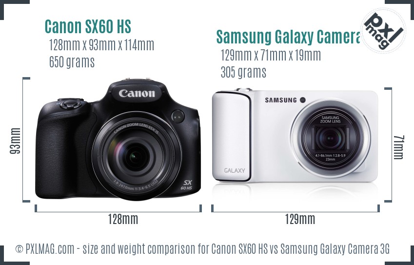 Canon SX60 HS vs Samsung Galaxy Camera 3G size comparison Canon SX60 HS vs Samsung Galaxy Camera 3G size comparison