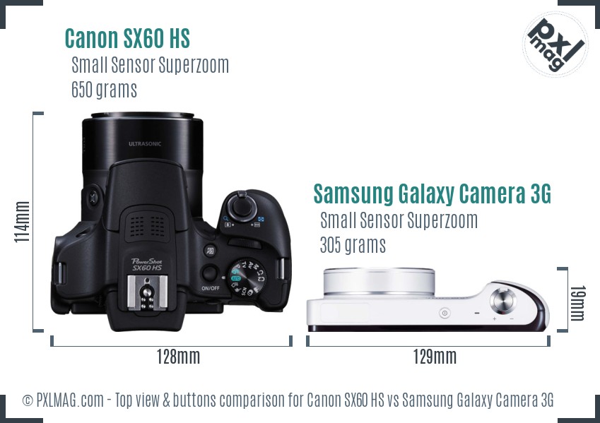 Canon SX60 HS vs Samsung Galaxy Camera 3G top view buttons comparison