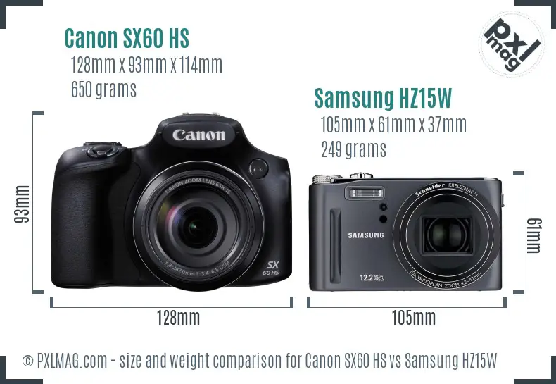 Canon SX60 HS vs Samsung HZ15W size comparison