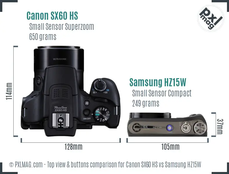 Canon SX60 HS vs Samsung HZ15W top view buttons comparison