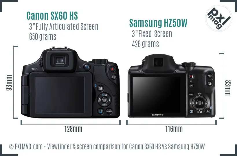 Canon SX60 HS vs Samsung HZ50W Screen and Viewfinder comparison