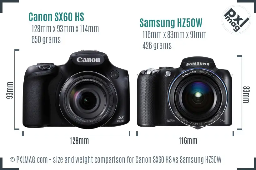 Canon SX60 HS vs Samsung HZ50W size comparison