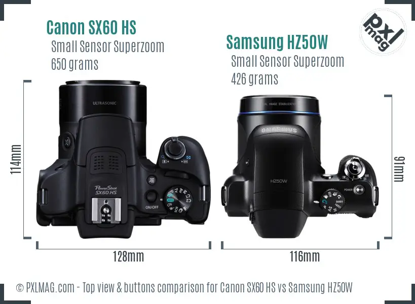 Canon SX60 HS vs Samsung HZ50W top view buttons comparison