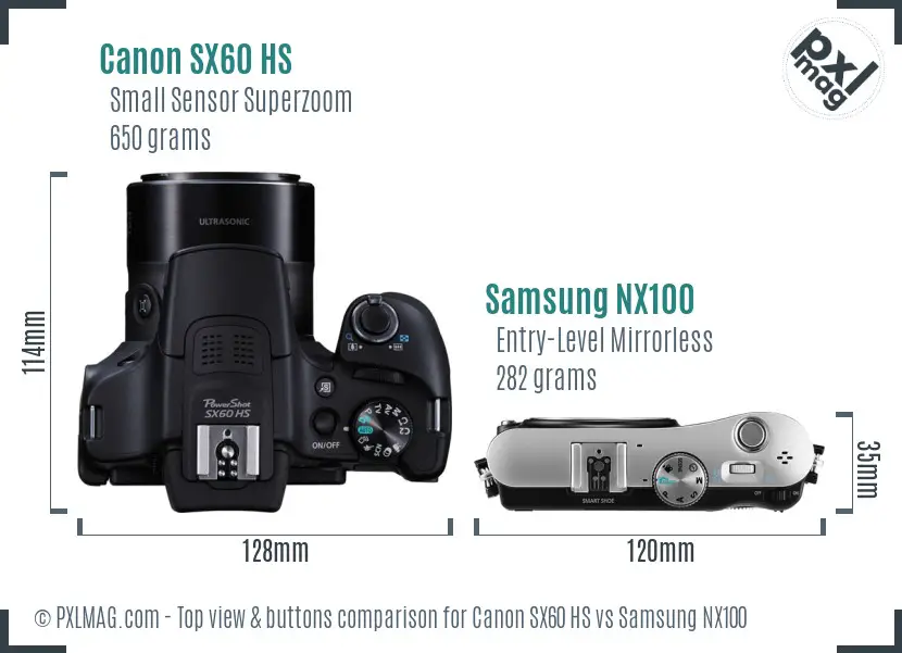 Canon SX60 HS vs Samsung NX100 top view buttons comparison