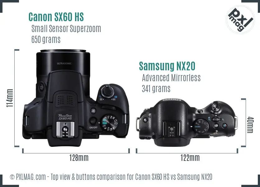 Canon SX60 HS vs Samsung NX20 top view buttons comparison