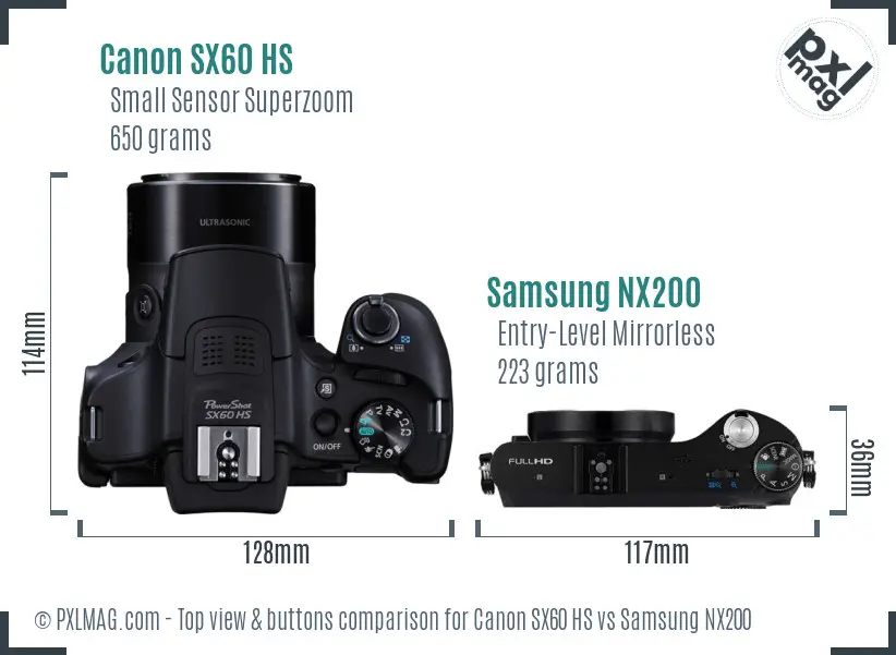 Canon SX60 HS vs Samsung NX200 top view buttons comparison Canon SX60 HS vs Samsung NX200 top view buttons comparison