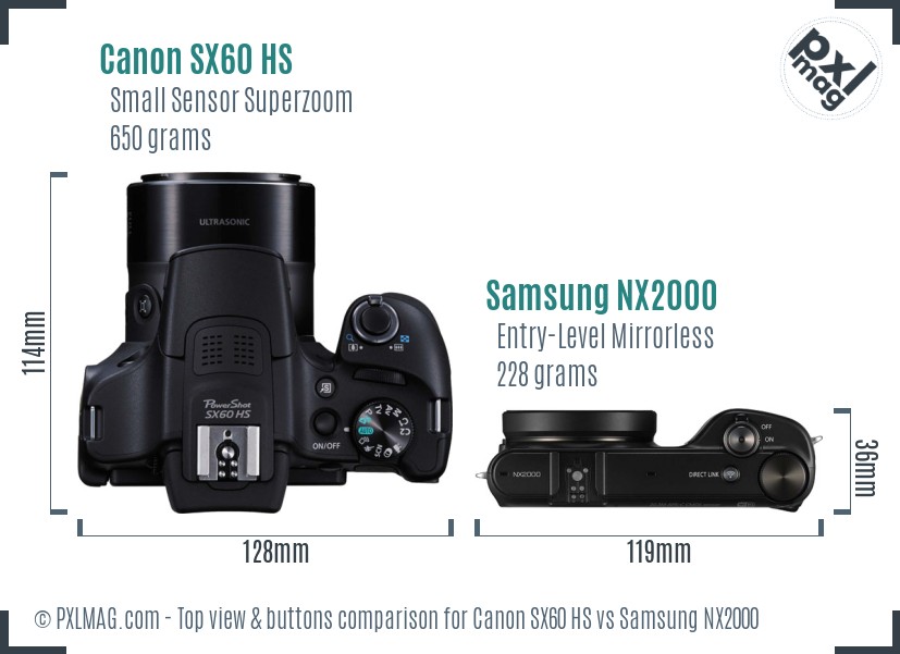 Canon SX60 HS vs Samsung NX2000 top view buttons comparison