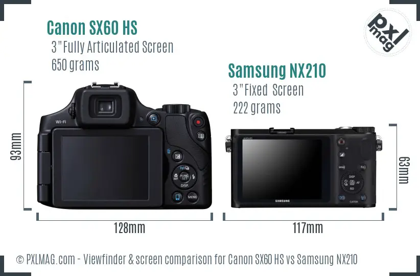 Canon SX60 HS vs Samsung NX210 Screen and Viewfinder comparison