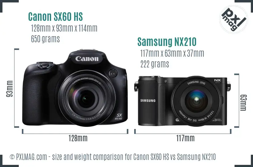 Canon SX60 HS vs Samsung NX210 size comparison