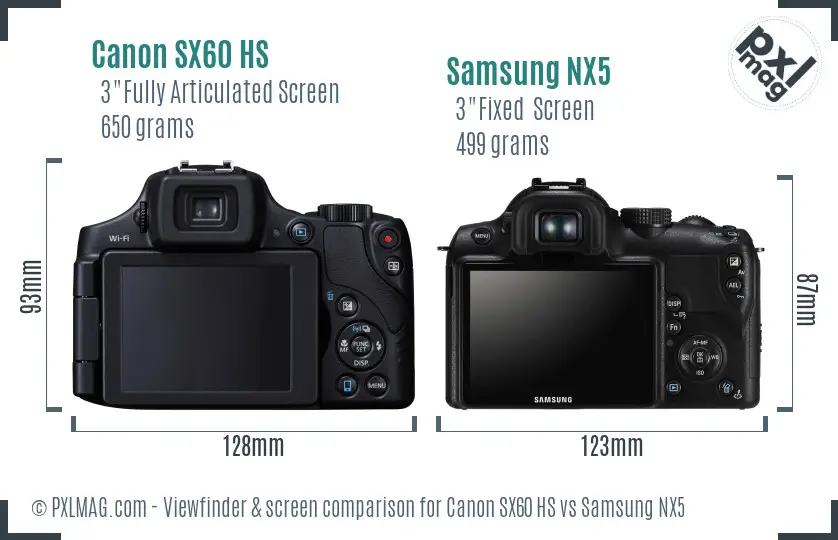 Canon SX60 HS vs Samsung NX5 Screen and Viewfinder comparison