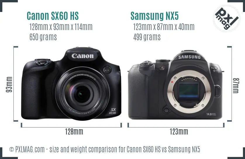 Canon SX60 HS vs Samsung NX5 size comparison