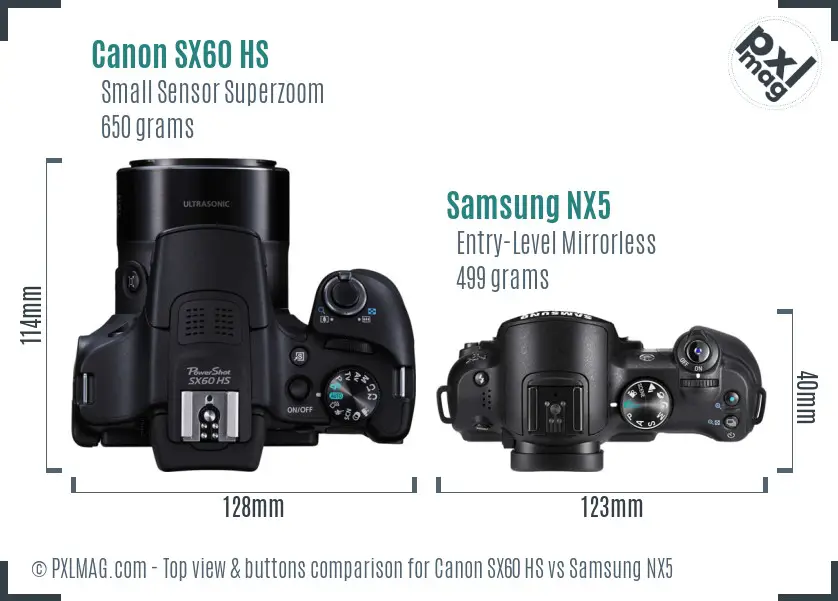 Canon SX60 HS vs Samsung NX5 top view buttons comparison