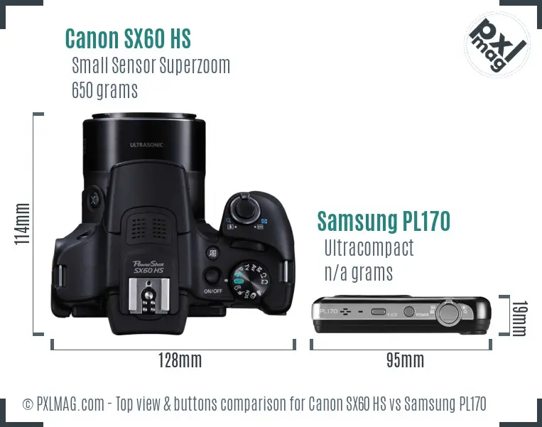 Canon SX60 HS vs Samsung PL170 top view buttons comparison Canon SX60 HS vs Samsung PL170 top view buttons comparison