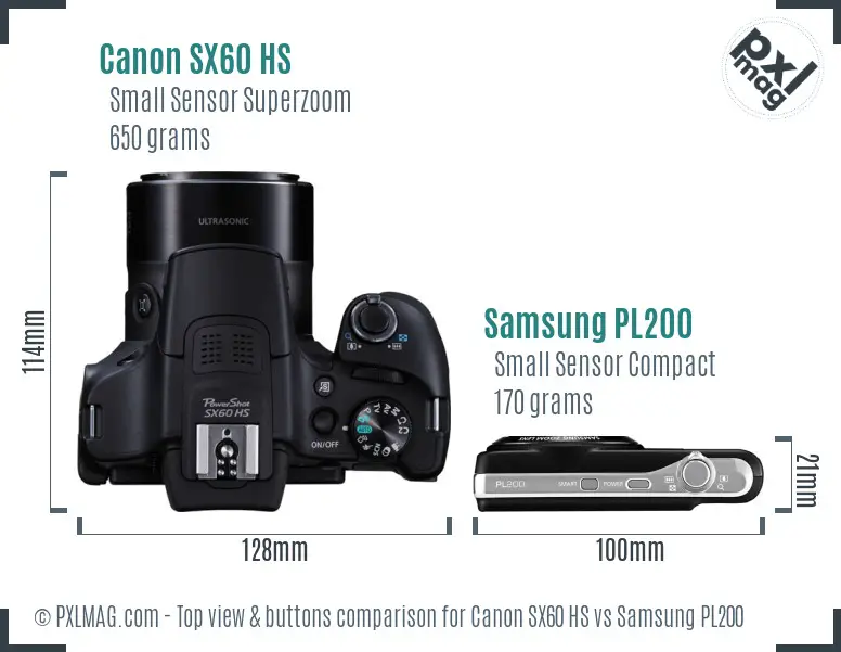 Canon SX60 HS vs Samsung PL200 top view buttons comparison