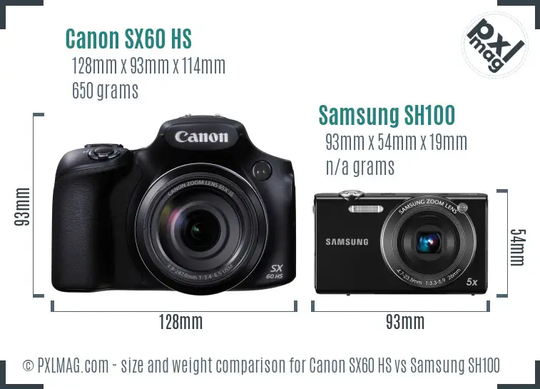 Canon SX60 HS vs Samsung SH100 size comparison