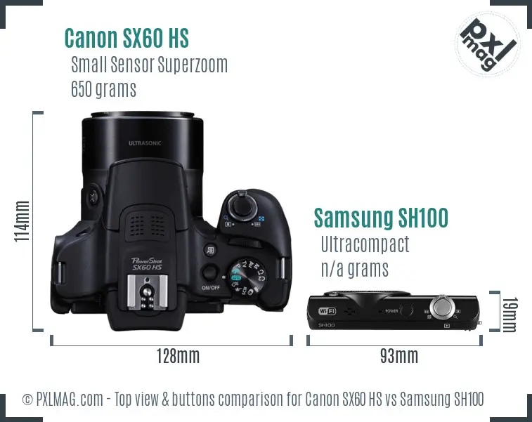 Canon SX60 HS vs Samsung SH100 top view buttons comparison