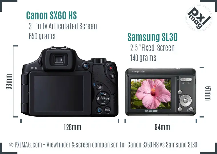 Canon SX60 HS vs Samsung SL30 Screen and Viewfinder comparison