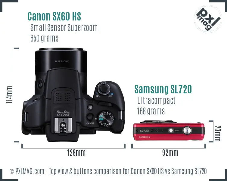 Canon SX60 HS vs Samsung SL720 top view buttons comparison