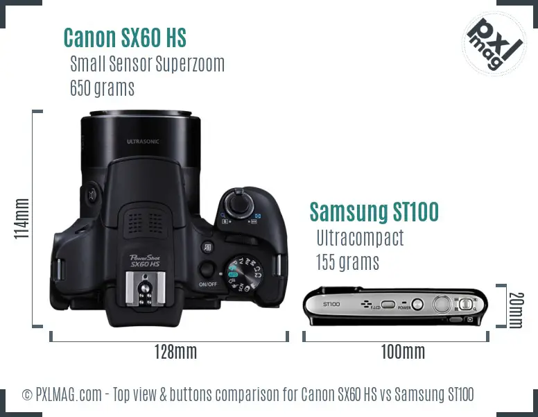 Canon SX60 HS vs Samsung ST100 top view buttons comparison Canon SX60 HS vs Samsung ST100 top view buttons comparison