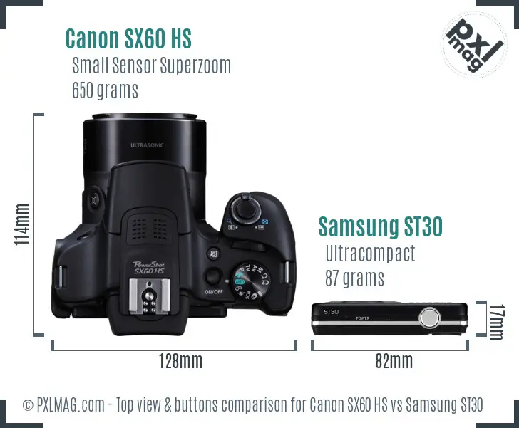 Canon SX60 HS vs Samsung ST30 top view buttons comparison
