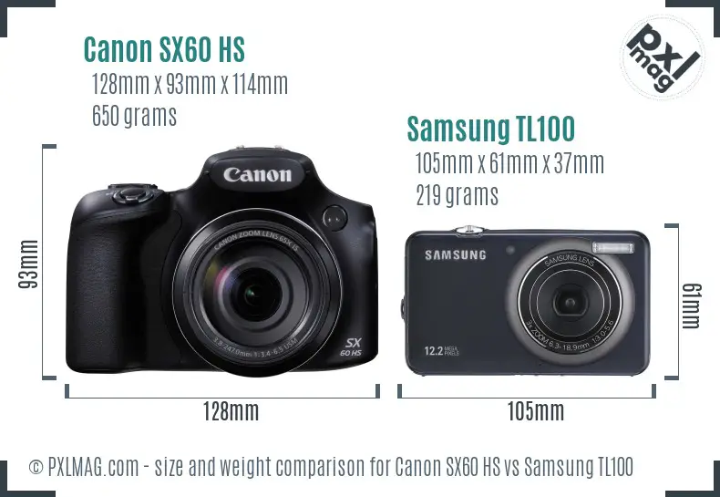 Canon SX60 HS vs Samsung TL100 size comparison