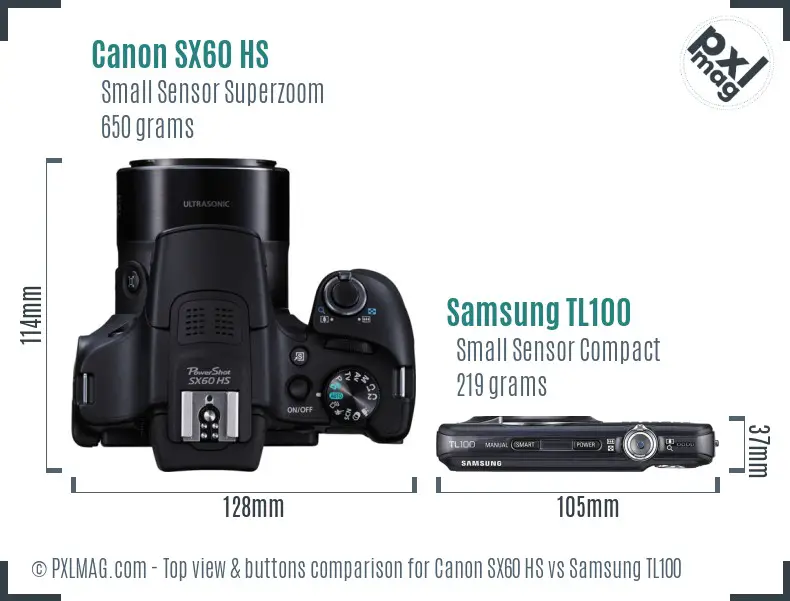 Canon SX60 HS vs Samsung TL100 top view buttons comparison