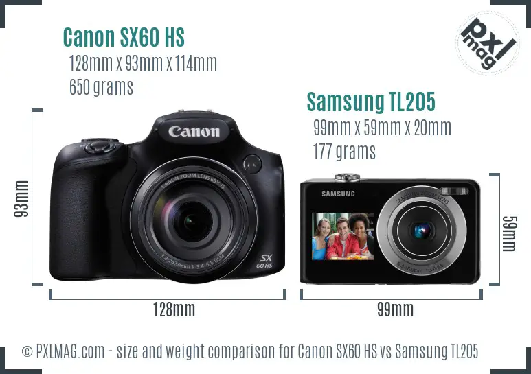 Canon SX60 HS vs Samsung TL205 size comparison