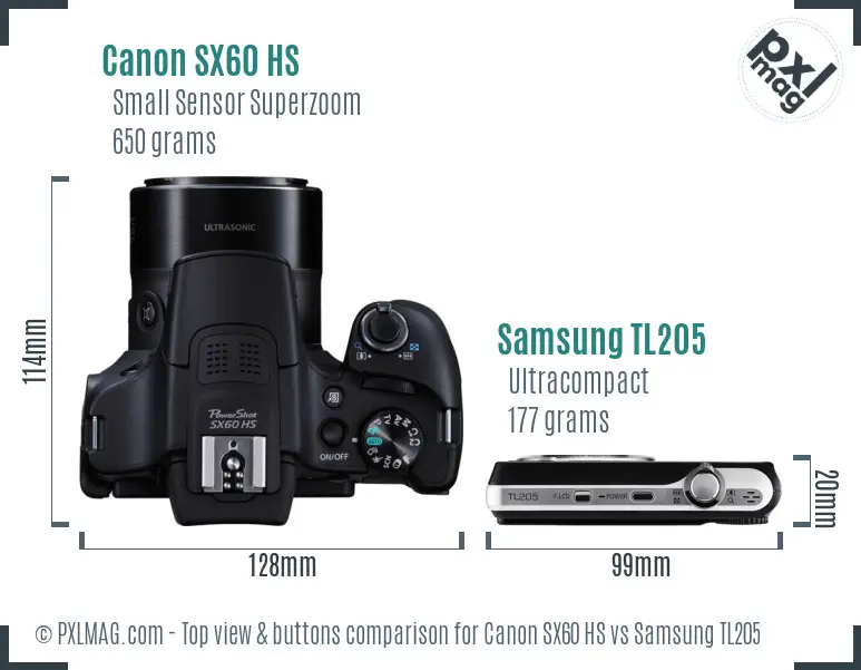 Canon SX60 HS vs Samsung TL205 top view buttons comparison