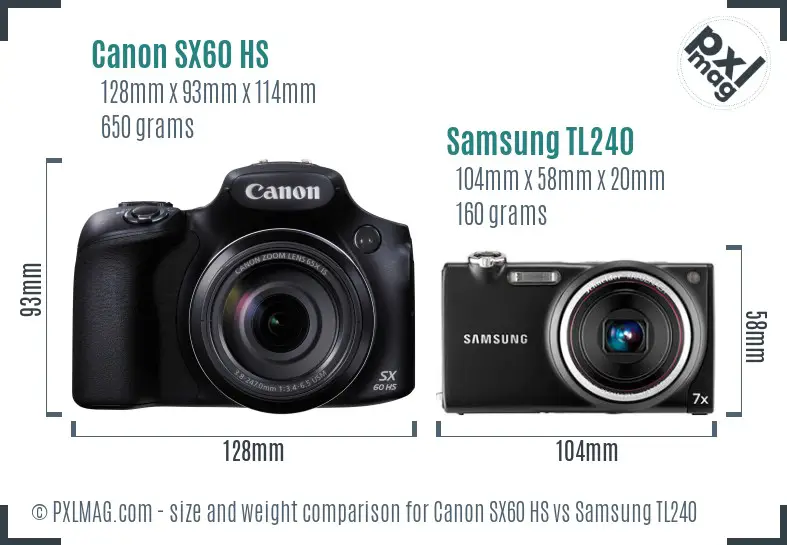 Canon SX60 HS vs Samsung TL240 size comparison