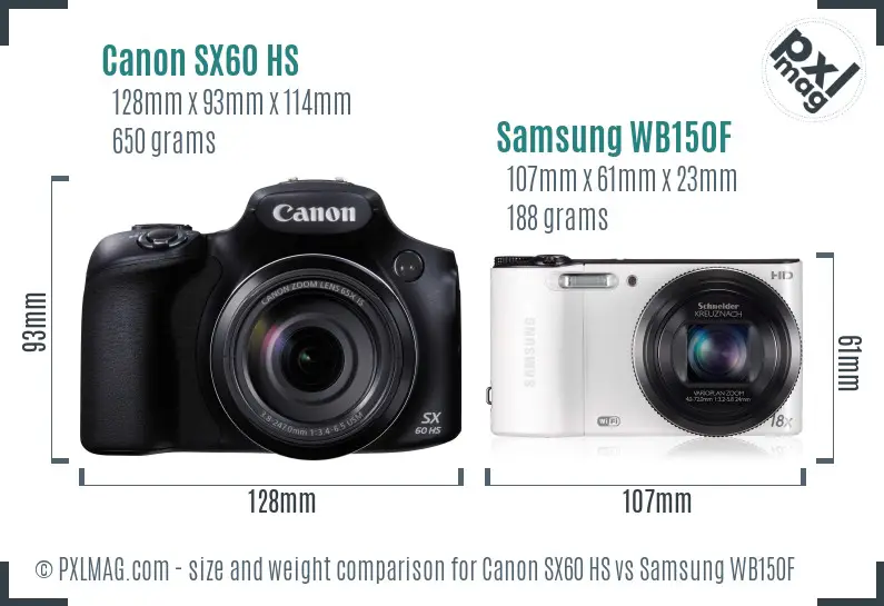 Canon SX60 HS vs Samsung WB150F size comparison