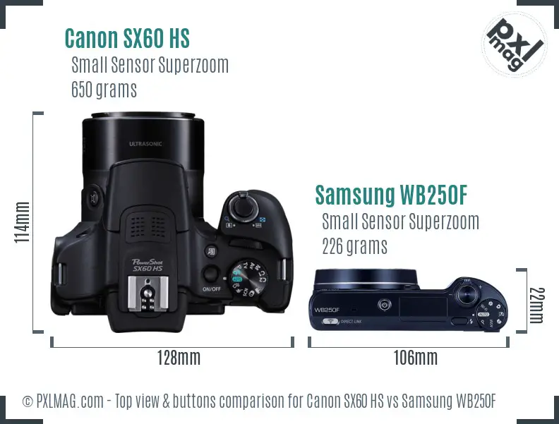 Canon SX60 HS vs Samsung WB250F top view buttons comparison