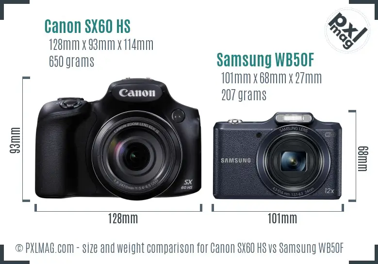 Canon SX60 HS vs Samsung WB50F size comparison