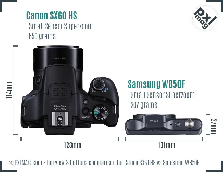 Canon SX60 HS vs Samsung WB50F top view buttons comparison