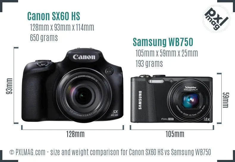 Canon SX60 HS vs Samsung WB750 size comparison