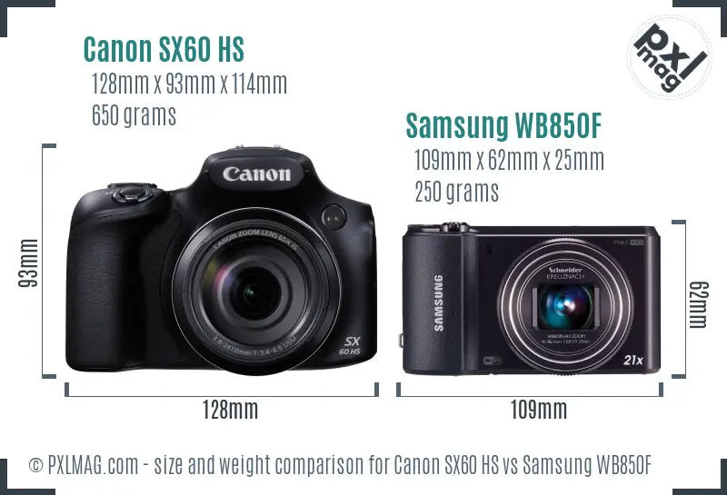 Canon SX60 HS vs Samsung WB850F size comparison