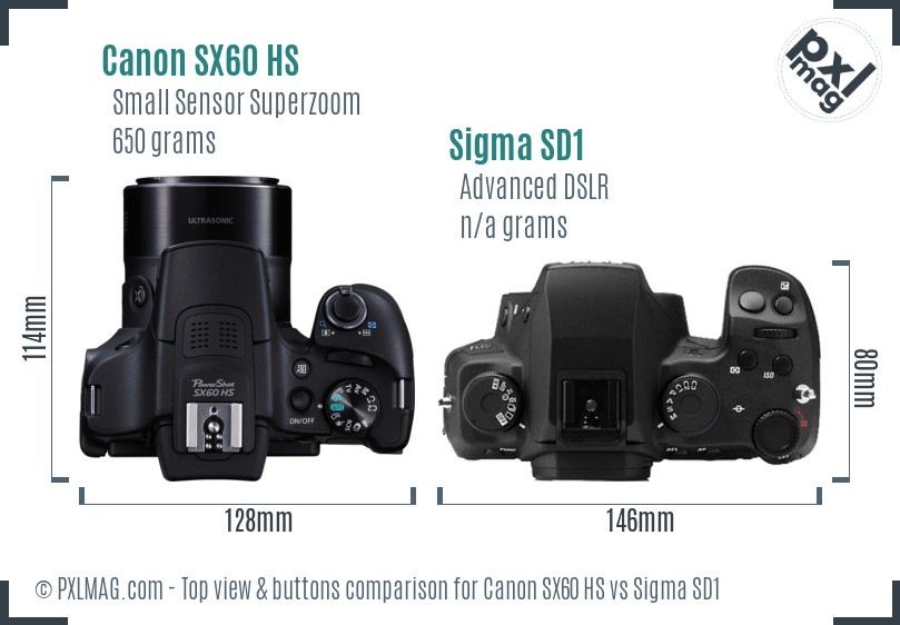 Canon SX60 HS vs Sigma SD1 top view buttons comparison