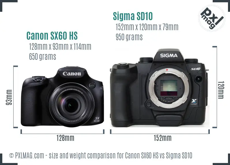Canon SX60 HS vs Sigma SD10 size comparison