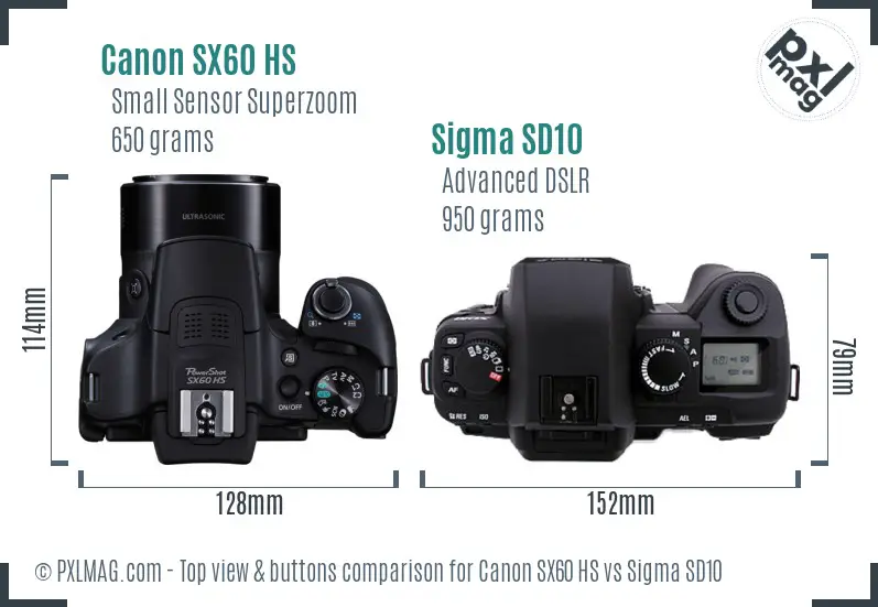 Canon SX60 HS vs Sigma SD10 top view buttons comparison