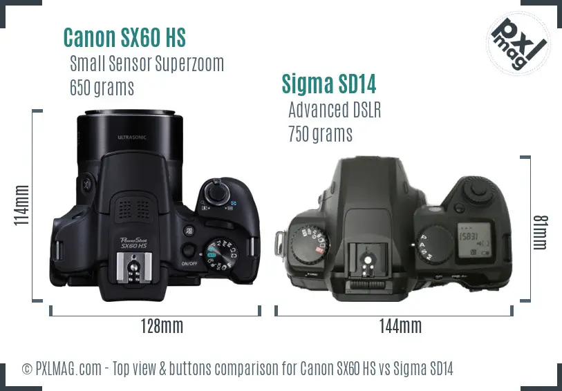 Canon SX60 HS vs Sigma SD14 top view buttons comparison Canon SX60 HS vs Sigma SD14 top view buttons comparison