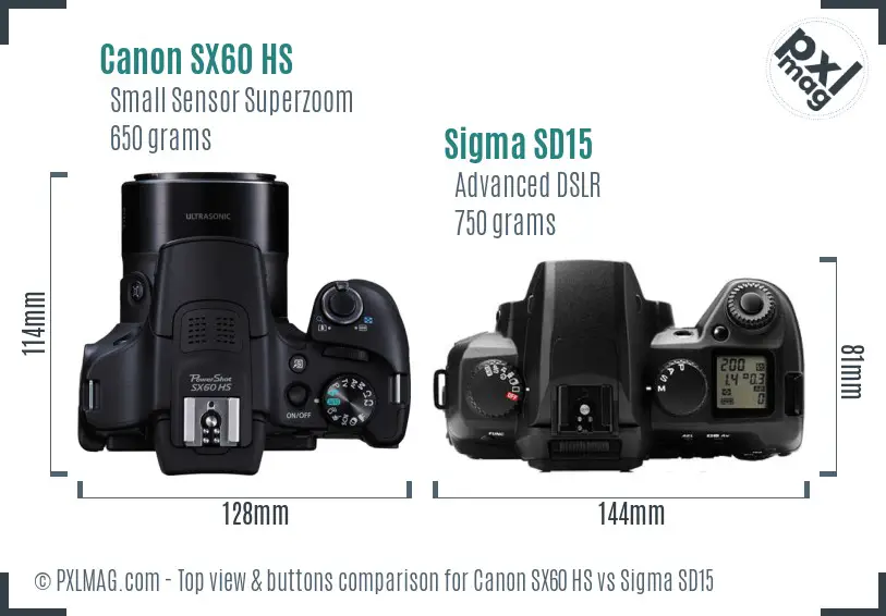 Canon SX60 HS vs Sigma SD15 top view buttons comparison