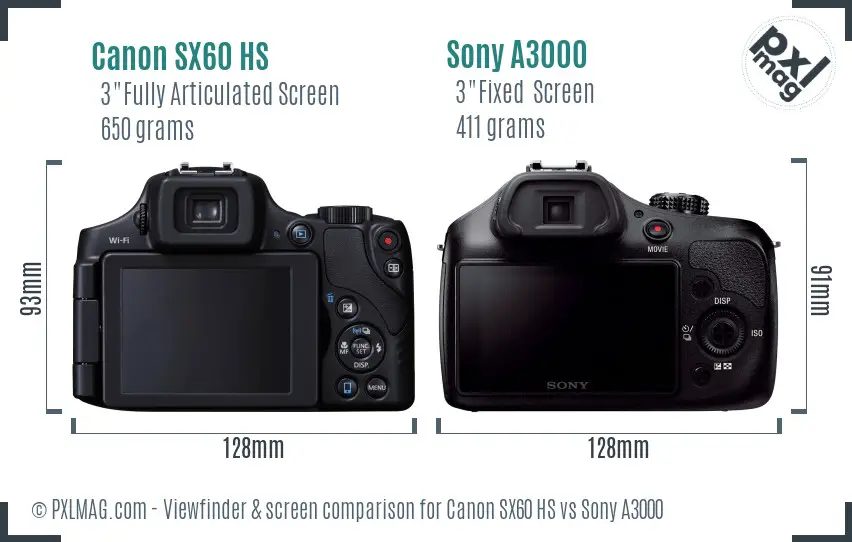 Canon SX60 HS vs Sony A3000 Screen and Viewfinder comparison