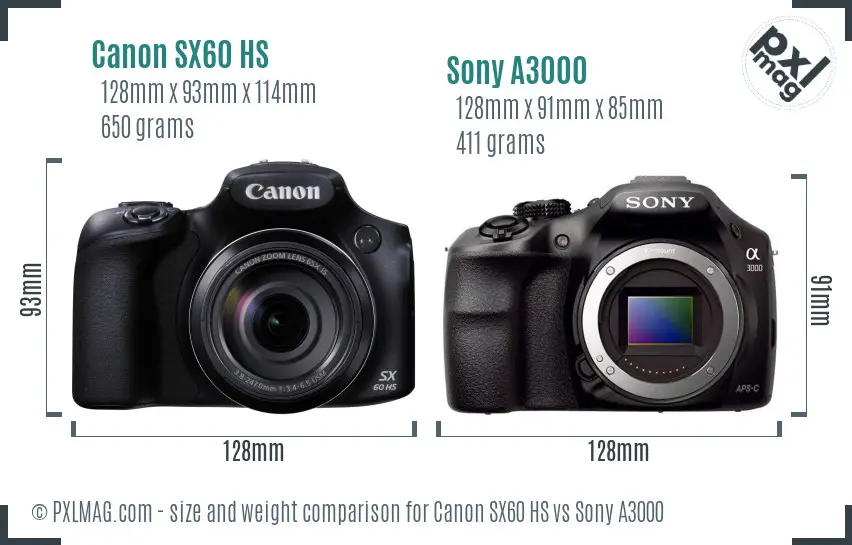 Canon SX60 HS vs Sony A3000 size comparison