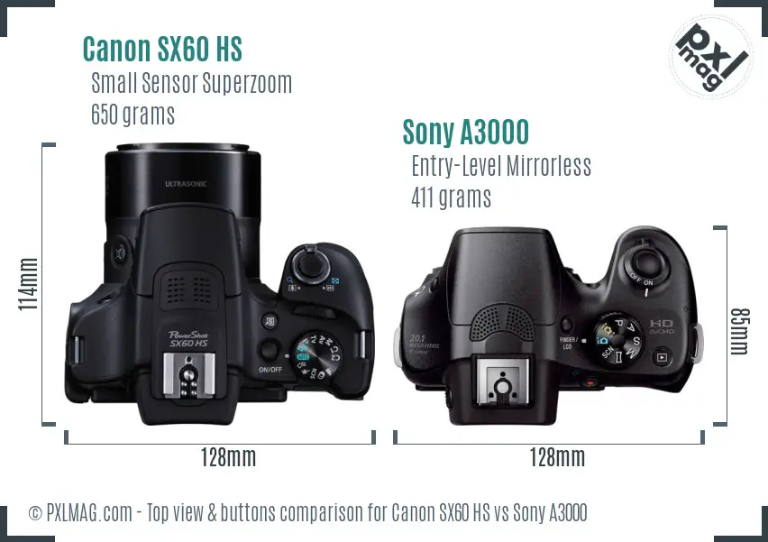 Canon SX60 HS vs Sony A3000 top view buttons comparison