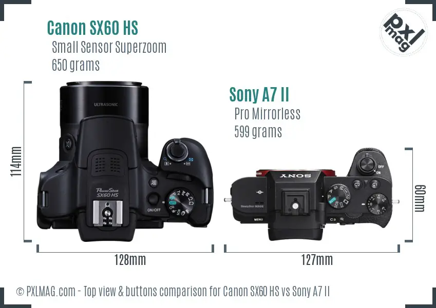 Canon SX60 HS vs Sony A7 II top view buttons comparison