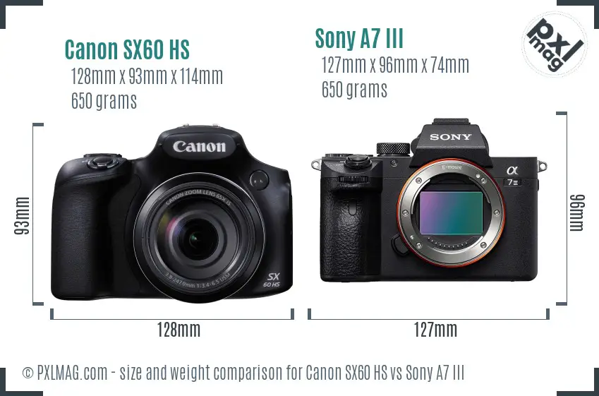 Canon SX60 HS vs Sony A7 III size comparison