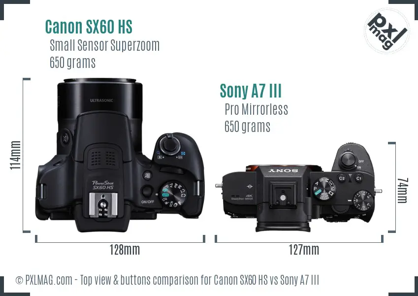 Canon SX60 HS vs Sony A7 III top view buttons comparison