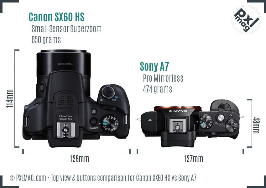Canon SX60 HS vs Sony A7 top view buttons comparison Canon SX60 HS vs Sony A7 top view buttons comparison