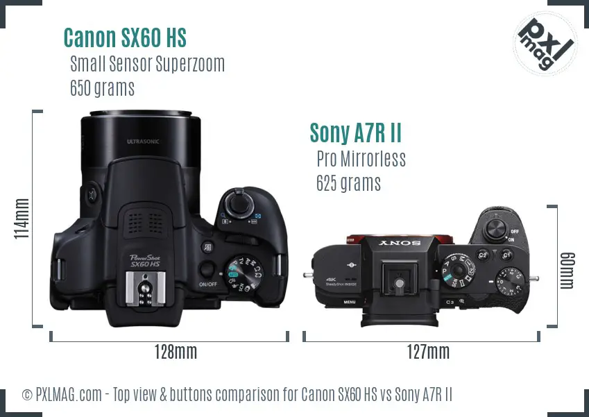 Canon SX60 HS vs Sony A7R II top view buttons comparison Canon SX60 HS vs Sony A7R II top view buttons comparison