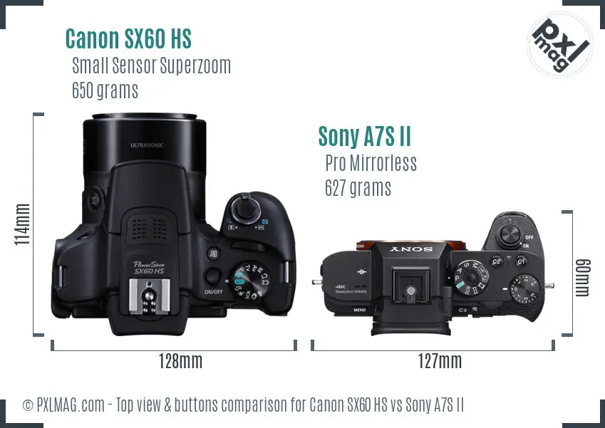 Canon SX60 HS vs Sony A7S II top view buttons comparison